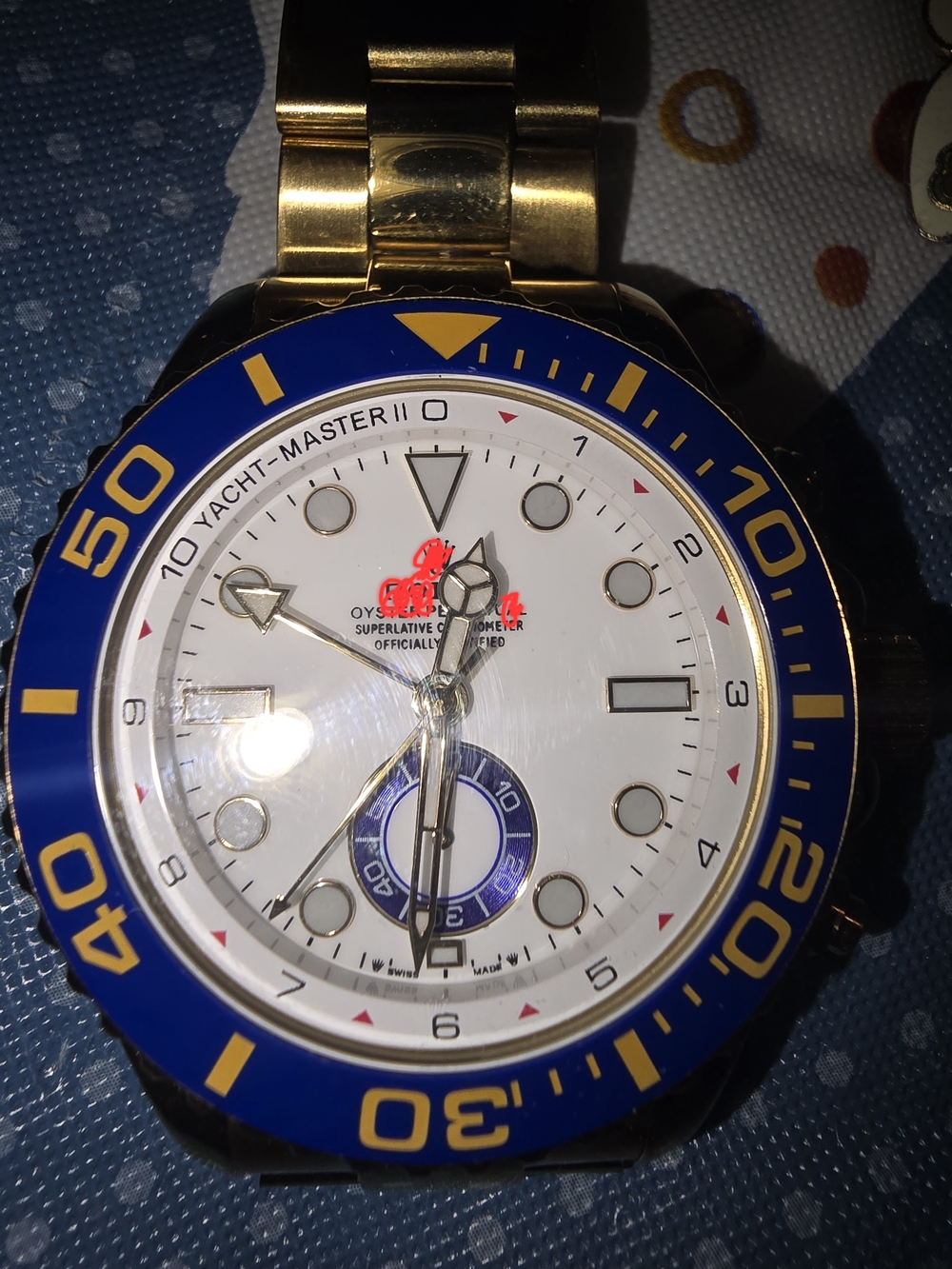 Yacht-Master II Style Gold Tone Watch with Blue Bezel and White Dial